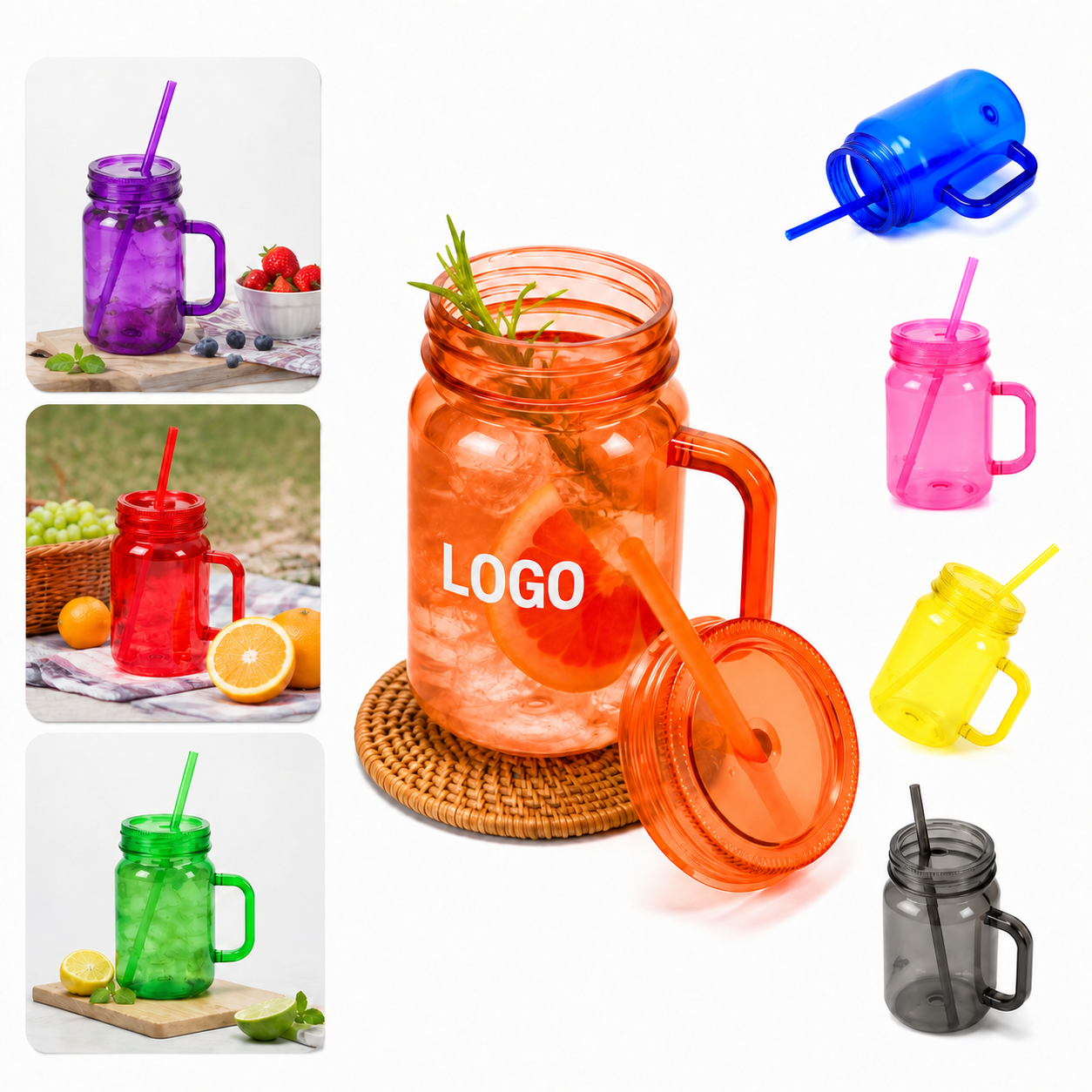 16 oz Colored Plastic Mason Jar with Handle and Lid